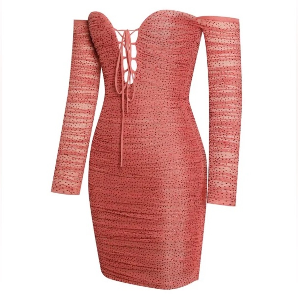 NEW Miss Circle Ruched Mesh Crystal Sparkle Long Sleeve Bodycon Dress Medium - Picture 4 of 12